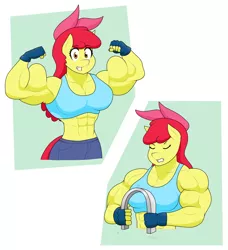 Size: 1640x1802 | Tagged: safe, artist:matchstickman, derpibooru import, apple bloom, anthro, earth pony, pony, abs, apple bloom's bow, apple brawn, art trade, bending, biceps, bow, breasts, busty apple bloom, clothes, deltoids, female, fingerless gloves, flexing, flexing muscles, gloves, gritted teeth, hair bow, image, jeans, looking at you, mare, matchstickman's apple brawn series, muscles, muscular female, older, older apple bloom, pants, pecs, png, solo, sports bra