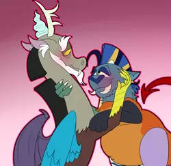 Size: 2628x2559 | Tagged: safe, derpibooru import, discord, oc, oc:wulfy, draconequus, couple, discowulf, gay, image, looking into each others eyes, male, png