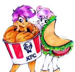 Size: 916x873 | Tagged: safe, artist:liaaqila, derpibooru import, scootaloo, sweetie belle, equestria girls, clothes, costume, cute, cutealoo, diasweetes, food, image, jpeg, kfc, pun, scootachicken, taco, taco belle, traditional art