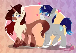 Size: 2820x1980 | Tagged: safe, artist:raspberrystudios, derpibooru import, oc, unofficial characters only, earth pony, pony, unicorn, blushing, commission, couple, cutie mark, earth pony oc, female, floating heart, gradient background, gradient mane, heart, horn, image, male, mare, png, stallion, tongue out, unicorn oc, unshorn fetlocks