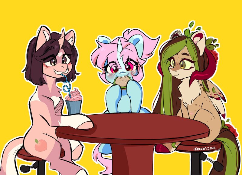 Size: 2048x1477 | Tagged: safe, artist:cottonsweets, derpibooru import, oc, oc:helemaranth, oc:scoops, oc:vasya, pegasus, pony, unicorn, burger, cute, food, image, jpeg, milkshake