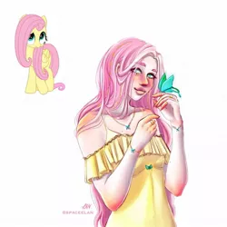Size: 1080x1080 | Tagged: safe, artist:spaceelan, derpibooru import, fluttershy, butterfly, human, insect, pegasus, pony, my little pony: the movie, clothes, duo, female, humanized, image, jewelry, jpeg, mare, necklace, signature, simple background, smiling, tumblr nose, white background, whore lips, wings