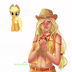 Size: 1080x1080 | Tagged: safe, artist:spaceelan, derpibooru import, applejack, earth pony, human, pony, applejack's hat, blushing, choker, clothes, cowboy hat, duo, female, freckles, hat, humanized, image, jpeg, mare, one eye closed, signature, simple background, smiling, tumblr nose, white background, whore lips, wink