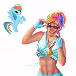 Size: 1080x1080 | Tagged: safe, artist:spaceelan, derpibooru import, rainbow dash, human, pegasus, pony, abs, clothes, duo, female, fingerless gloves, gloves, humanized, image, jpeg, mare, medal, midriff, open mouth, rearing, signature, simple background, smiling, sunglasses, tumblr nose, white background, whore lips, wings