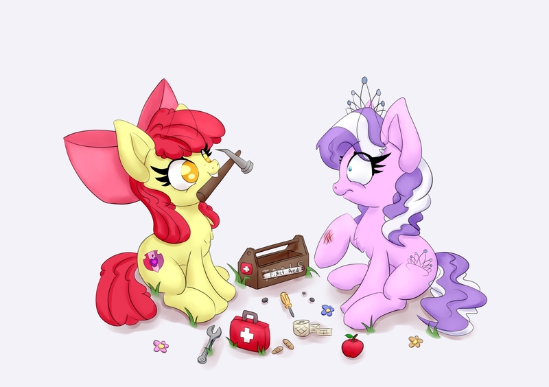 Size: 1550x1092 | Tagged: safe, artist:nedemai, derpibooru import, apple bloom, diamond tiara, atg 2021, first aid, first aid kit, hammer, hammer time, image, jpeg, newbie artist training grounds