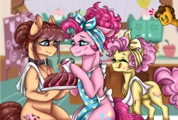 Size: 1596x1080 | Tagged: safe, artist:jvartes6112, derpibooru import, cheese sandwich, li'l cheese, pinkie pie, earth pony, pony, the last problem, apron, cake, clothes, collar, colt, eyes closed, female, filly, food, image, indoors, kitchen, licking, licking lips, male, mare, naked apron, offspring, parent:cheese sandwich, parent:pinkie pie, parents:cheesepie, png, smiling, stallion, tongue out, tray