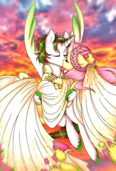 Size: 1080x1596 | Tagged: safe, artist:jvartes6112, derpibooru import, fluttershy, oc, alicorn, pegasus, pony, alicorn oc, braid, bridal carry, canon x oc, carrying, clothes, cloud, dress, eyes closed, female, flying, horn, image, kissing, male, mare, outdoors, png, stallion, straight, unshorn fetlocks, wedding dress, wings
