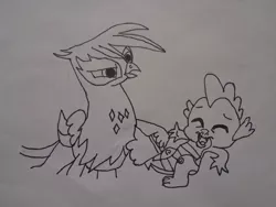 Size: 1032x774 | Tagged: safe, alternate version, artist:spikeabuser, derpibooru import, gilda, spike, dragon, gryphon, griffon the brush off, abuse, black and white, drawing, elbowing, female, grayscale, image, jpeg, male, monochrome, op is a duck, scene interpretation, spikeabuse