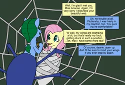 Size: 1526x1029 | Tagged: safe, artist:dzamie, derpibooru import, fluttershy, hybrid, monster pony, original species, spider, spiderpony, cocoon, colored, dialogue, digital art, food, image, newbie artist training grounds, png, spider web, tea