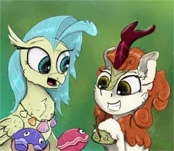 Size: 2100x1817 | Tagged: safe, derpibooru import, autumn blaze, princess skystar, shelldon, shelly, hippogriff, kirin, pony, my little pony: the movie, atg 2021, autumn blaze's puppet, cheek fluff, chest fluff, cloven hooves, duo, duo female, female, image, jewelry, mare, necklace, newbie artist training grounds, open mouth, png, shell, smiling, stick, unshorn fetlocks