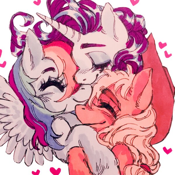 Size: 2048x2048 | Tagged: safe, artist:wiccafruit, derpibooru import, applejack, rainbow dash, rarity, earth pony, pegasus, pony, unicorn, blushing, eyebrows, eyelashes, eyes closed, female, hat, heart, hug, image, jpeg, lesbian, mare, marker drawing, nuzzling, polyamory, rarijackdash, shiny hair, shipping, smiling, spread wings, traditional art, unshorn fetlocks, wings