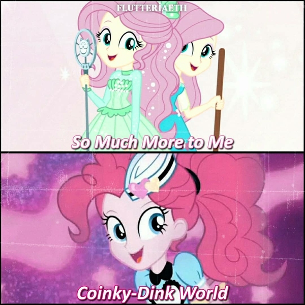 Size: 1080x1080 | Tagged: safe, derpibooru import, edit, edited screencap, editor:flutteriaeth, screencap, fluttershy, pinkie pie, coinky-dink world, eqg summertime shorts, equestria girls, equestria girls series, so much more to me, broom, clothes, cute, cutie mark, cutie mark on clothes, diapinkes, female, geode of fauna, image, jewelry, jpeg, magical geodes, microphone, microphone stand, necklace, open mouth, self paradox, shyabetes, smiling