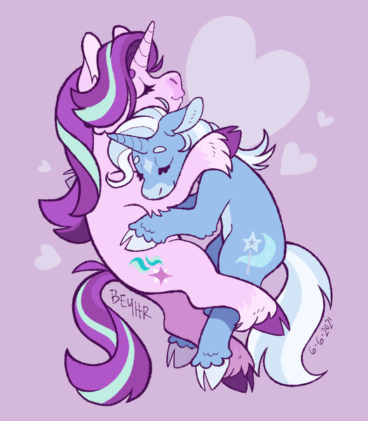 Size: 830x948 | Tagged: safe, artist:beyhr, derpibooru import, starlight glimmer, trixie, goat, unicorn, cloven hooves, cuddling, eyes closed, female, heart, hug, image, jpeg, lesbian, shipping, species swap, startrix, unshorn fetlocks