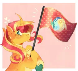 Size: 1449x1324 | Tagged: safe, artist:wanderingpegasus, edit, editor:anonymous, editor:edits of hate, sunset shimmer, pony, unicorn, alternate hairstyle, blushing, chest fluff, colored hooves, curved horn, cute, equestria flag, female, flag, freckles, heart, horn, image, mare, markings, png, redesign, solo