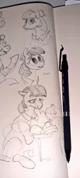 Size: 463x1024 | Tagged: safe, artist:alumx, derpibooru import, coco pommel, earth pony, pony, female, image, jpeg, mare, mechanical pencil, mouth hold, needle, pencil drawing, photo, sewing machine, sketch, solo, traditional art