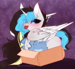 Size: 3614x3327 | Tagged: safe, artist:krissstudios, derpibooru import, oc, oc:kala, alicorn, pony, box, female, image, mare, png, pony in a box, solo, tongue out