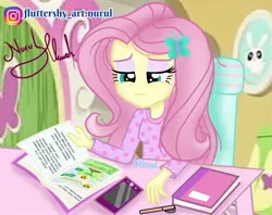 Size: 1080x854 | Tagged: safe, artist:fluttershy_art.nurul, derpibooru import, angel bunny, fluttershy, equestria girls, book, clothes, female, fluttershy's bedroom, hairpin, image, indonesia, jpeg, male, mobile phone, pajamas, phone, smartphone, solo focus, studying, tired