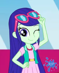 Size: 850x1050 | Tagged: safe, artist:rjp.rammy, derpibooru import, blueberry cake, equestria girls, belt, clothes, dress, female, image, jpeg, one eye closed, solo, sunglasses, vest, wink