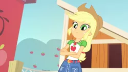 Size: 3410x1920 | Tagged: safe, derpibooru import, screencap, applejack, equestria girls, equestria girls series, fluttershy's butterflies, belt, clothes, cowboy hat, crossed arms, cute, cutie mark, cutie mark on clothes, denim skirt, female, fluttershy's butterflies: applejack, geode of super strength, hat, image, jackabetes, jewelry, jpeg, magical geodes, necklace, skirt, smiling, solo