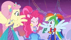 Size: 3410x1920 | Tagged: safe, derpibooru import, screencap, fluttershy, pinkie pie, rainbow dash, equestria girls, equestria girls series, rollercoaster of friendship, cute, dashabetes, diapinkes, equestria land, eyes closed, female, image, jpeg, mobile phone, open mouth, phone, ponied up, roller coaster, shyabetes, smartphone, smiling, spread wings, trio, trio female, wings
