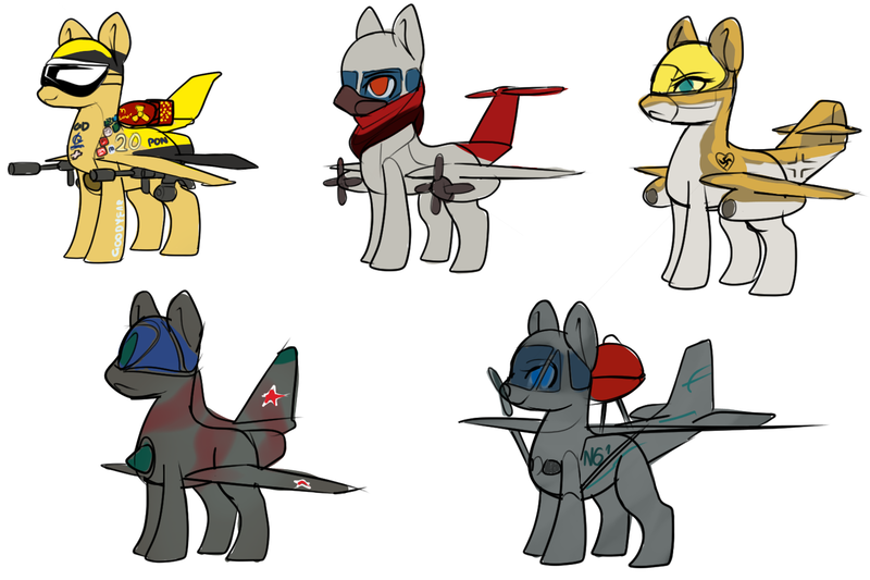 Size: 1500x1000 | Tagged: safe, artist:andromailus, oc, unofficial characters only, original species, plane pony, pony, cessna skyhawk, f-16, grill, image, me 262, mig-21, nazi, nuclear weapon, plane, png, political compass ponies, simple background, swastika, weapon, white background