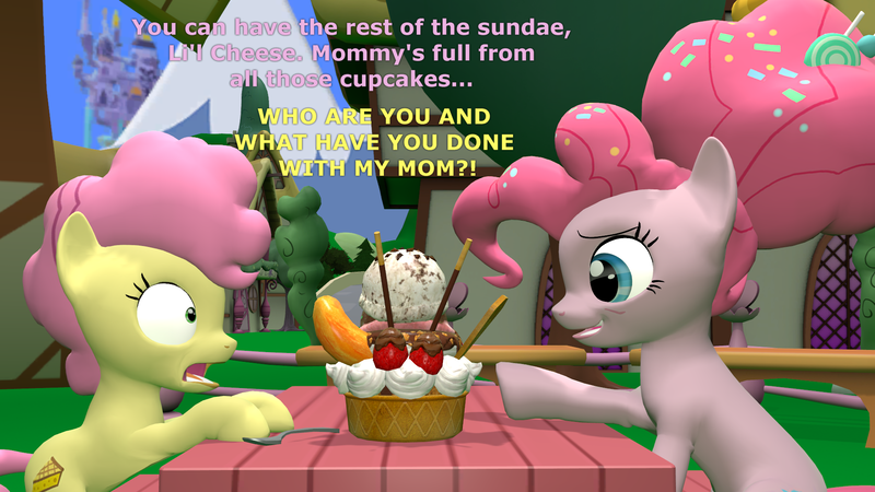 Size: 1920x1080 | Tagged: safe, artist:red4567, derpibooru import, li'l cheese, pinkie pie, the last problem, 3d, atg 2021, female, food, image, male, mother and child, mother and son, newbie artist training grounds, older, older pinkie pie, png, shocked, source filmmaker, spoon, sundae