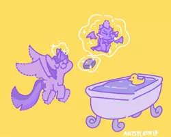 Size: 946x758 | Tagged: safe, artist:artsycatnip, derpibooru import, spike, twilight sparkle, twilight sparkle (alicorn), alicorn, dragon, pony, bathtub, eyes closed, flying, image, jpeg, magic, mama twilight, rubber duck, smiling, spread wings, telekinesis, unamused, wings