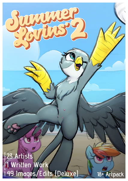 Size: 3000x4227 | Tagged: suggestive, artist:selenophile, derpibooru import, gabby, rainbow dash, twilight sparkle, gryphon, art pack:summer lovins', art pack:summer lovins' 2, advertisement, art pack, crotchboobs, image, nipples, nudity, png, sports, summer, teats, volleyball