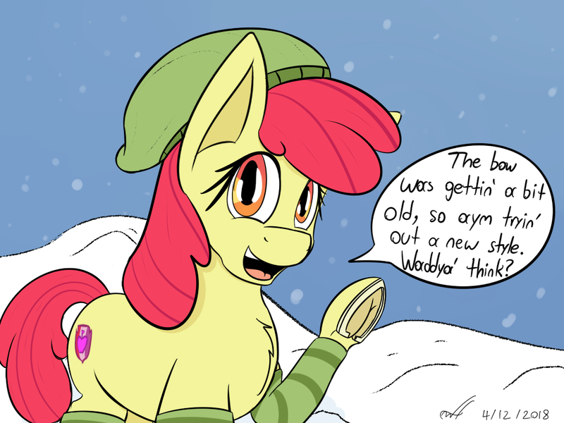 Size: 1024x768 | Tagged: safe, artist:woofyhoundisdead, derpibooru import, apple bloom, earth pony, pony, alternate accessories, beanie, female, filly, frog (hoof), hat, horseshoes, image, leg warmers, looking at you, one hoof raised, open mouth, open smile, png, smiling, snow, solo, speech bubble, underhoof