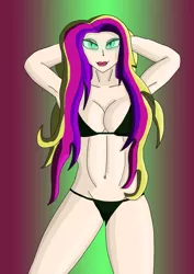 Size: 2480x3508 | Tagged: suggestive, artist:anthrodegenerate, derpibooru import, princess cadance, queen chrysalis, human, arm behind head, big breasts, bikini, breasts, cleavage, clothes, disguise, disguised changeling, evil grin, fake cadance, female, grin, high res, humanized, image, looking at you, png, sexy, simple background, smiling, swimsuit