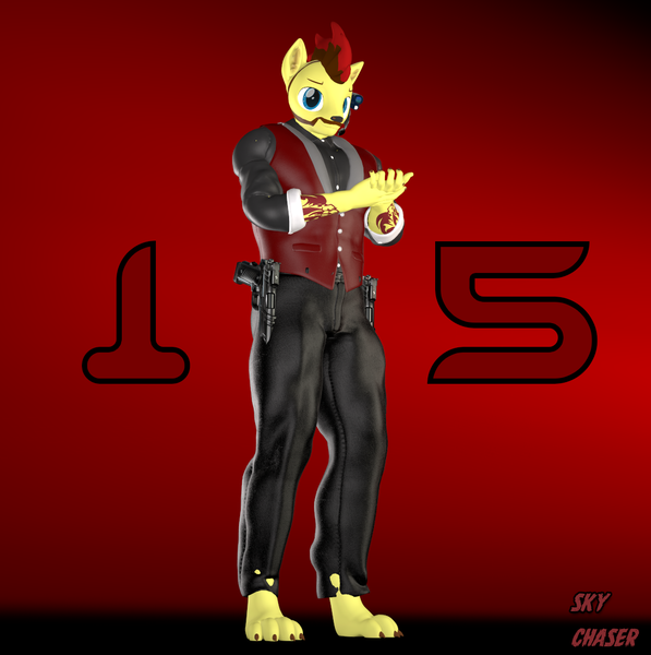 Size: 1074x1080 | Tagged: safe, artist:sky chaser, derpibooru import, oc, oc:sky chaser, anthro, wolf, wolf pony, 3d, agent, beard, clothes, dual pistols, facial hair, gun, handgun, image, looking at you, male, paws, pistol, png, solo, source filmmaker, tattoo, weapon