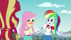 Size: 960x540 | Tagged: suggestive, artist:thedarkpony, derpibooru import, edit, edited screencap, screencap, fluttershy, rainbow dash, sunset shimmer, equestria girls, legend of everfree, blushing, camp everfree outfits, clothes, embarrassed, fart, fart edit, fart noise, female, image, onomatopoeia, png, skirt, sound effects
