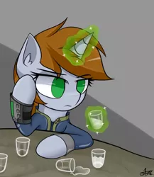 Size: 1280x1475 | Tagged: safe, artist:starssm, derpibooru import, oc, oc:littlepip, unofficial characters only, pony, unicorn, fallout equestria, alcohol, annoyed, clothes, glass, glowing horn, horn, image, jpeg, magic, magic aura, pipbuck, shot glass, spilled drink, vault suit