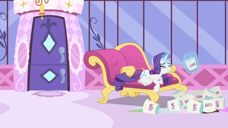 Size: 1280x720 | Tagged: suggestive, derpibooru import, edit, edited screencap, screencap, rarity, pony, unicorn, inspiration manifestation, 1000 hours in ms paint, comfort eating, couch, crying, cum, eating, eyes closed, female, image, jpeg, solo