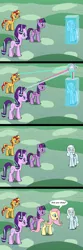 Size: 1024x3072 | Tagged: safe, artist:platinumdrop, derpibooru import, fluttershy, starlight glimmer, sunset shimmer, twilight sparkle, oc, oc:snowdrop, alicorn, comic, ice, image, laser beam, magic, png, request, speech bubble, twilight sparkle (alicorn)