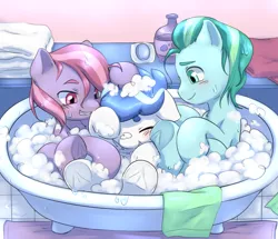 Size: 5545x4774 | Tagged: safe, artist:aquoquoo, derpibooru import, frosty quartz, lavender bunch, topaz gleam, crystal pony, earth pony, pony, absurd resolution, bath, bathroom, bathtub, bubble bath, colt, foal, image, male, png, trio