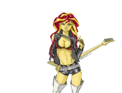 Size: 1400x1069 | Tagged: suggestive, artist:baron engel, derpibooru import, edit, sunset shimmer, equestria girls, absolute cleavage, anime, belly button, breasts, busty sunset shimmer, cleavage, clothes, crossover, female, guitar, image, looking at you, musical instrument, pencil drawing, png, shorts, simple background, solo, solo female, tengen toppa gurren lagann, traditional art, yoko littner