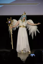 Size: 4037x6056 | Tagged: safe, derpibooru import, princess celestia, human, 2021, clothes, convention, cosplay, costume, cyrillic, dress, image, irl, irl human, jpeg, newbronycon, photo, rubronycon, russian, staff, sun