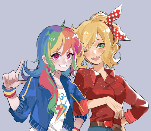 Size: 500x435 | Tagged: source needed, safe, artist:feifeiyouji, derpibooru import, applejack, rainbow dash, equestria girls, appledash, cute, dashabetes, female, image, jpeg, lesbian, one eye closed, shipping, wink