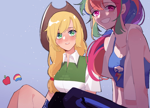 Size: 500x358 | Tagged: source needed, safe, artist:feifeiyouji, derpibooru import, applejack, rainbow dash, human, appledash, female, humanized, image, jpeg, lesbian, shipping