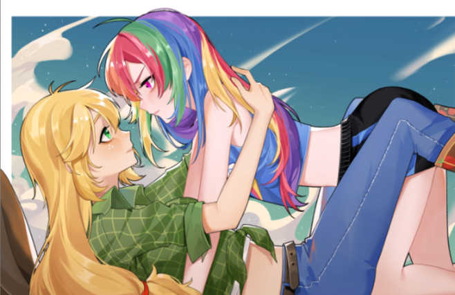 Size: 658x427 | Tagged: source needed, safe, artist:feifeiyouji, derpibooru import, applejack, rainbow dash, human, appledash, female, humanized, image, lesbian, png, shipping