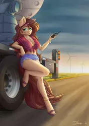 Size: 2480x3508 | Tagged: suggestive, artist:dandy, derpibooru import, oc, oc:sandy lane, anthro, unguligrade anthro, art trade, bedroom eyes, breasts, cleavage, clothes, denim shorts, ear piercing, female, field, grin, hairclip, image, leaning, looking at you, piercing, plaid, png, sandals, shorts, short shirt, smiling, solo, solo female, stormcloud, sunset, truck, walkie talkie