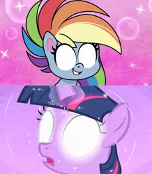 Size: 1920x2200 | Tagged: safe, derpibooru import, screencap, rainbow dash, twilight sparkle, pegasus, pony, unicorn, my little pony: pony life, the cutie mark chronicles, spoiler:pony life s02e09, female, filly, filly twilight sparkle, glowing eyes, image, no pupils, open mouth, png, teeth, time after time capsule, unicorn twilight, younger