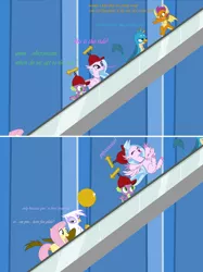 Size: 3000x4010 | Tagged: artist needed, safe, derpibooru import, fluttershy, gallus, gilda, silverstream, smolder, spike, dragon, gryphon, pegasus, pony, balloon, dialogue, escalator, female, happy, hat, image, male, mare, png, stairs, that hippogriff sure does love stairs