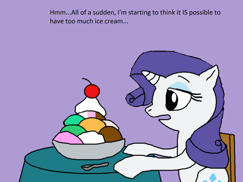 Size: 2000x1500 | Tagged: safe, artist:blazewing, derpibooru import, rarity, unicorn, atg 2021, bowl, chair, cherry, colored background, drawpile, food, hooves on the table, ice cream, image, newbie artist training grounds, png, rarity looking at food, spoon, sundae, table, text, that pony sure does love ice cream, whipped cream