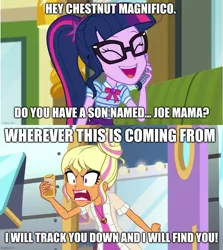 Size: 891x998 | Tagged: safe, derpibooru import, edit, edited screencap, screencap, chestnut magnifico, sci-twi, twilight sparkle, equestria girls, equestria girls series, movie magic, text support, spoiler:eqg specials, caption, comic, eyes closed, geode of telekinesis, glasses, image, image macro, jpeg, magical geodes, meme, mobile phone, phone, prank call, regular show, rigby, screencap comic, smartphone, solo, text, text support: sunset shimmer