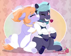 Size: 2490x1980 | Tagged: safe, artist:raspberrystudios, derpibooru import, oc, unofficial characters only, pony, unicorn, beard, bracelet, clothes, commission, couple, eyes closed, facial hair, female, flower, high res, hooves, horn, image, jewelry, kiss on the cheek, kissing, male, mare, multicolored hair, necklace, one eye closed, png, rose, stallion, tiara, unicorn oc, unshorn fetlocks, wink