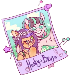 Size: 700x745 | Tagged: safe, artist:lavvythejackalope, derpibooru import, oc, unofficial characters only, earth pony, pony, bracelet, choker, commission, duo, earth pony oc, floral head wreath, flower, glasses, grin, hoof hold, image, jewelry, one eye closed, png, selfie, simple background, smiling, transparent background, wink, ych result