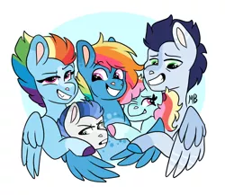 Size: 1010x877 | Tagged: safe, artist:moccabliss, derpibooru import, rainbow dash, soarin', oc, oc:cloud spirit, oc:steel storm, oc:sunny side up, bust, family, female, group hug, half-siblings, hug, image, male, offspring, older, older rainbow dash, older soarin', parent:rainbow dash, parent:soarin', parent:zephyr breeze, parents:zephdash, png, shipping, simple background, soarindash, straight, white background