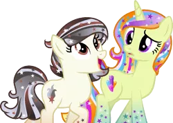 Size: 855x613 | Tagged: safe, artist:pegasski, derpibooru import, oc, oc:equanimity nova, oc:galaxy gleam, unofficial characters only, earth pony, pony, unicorn, base used, confused, duo, duo female, earth pony oc, ethereal mane, eyelashes, female, horn, image, looking up, mare, open mouth, open smile, png, simple background, smiling, starry mane, transparent background, unicorn oc, universe pony